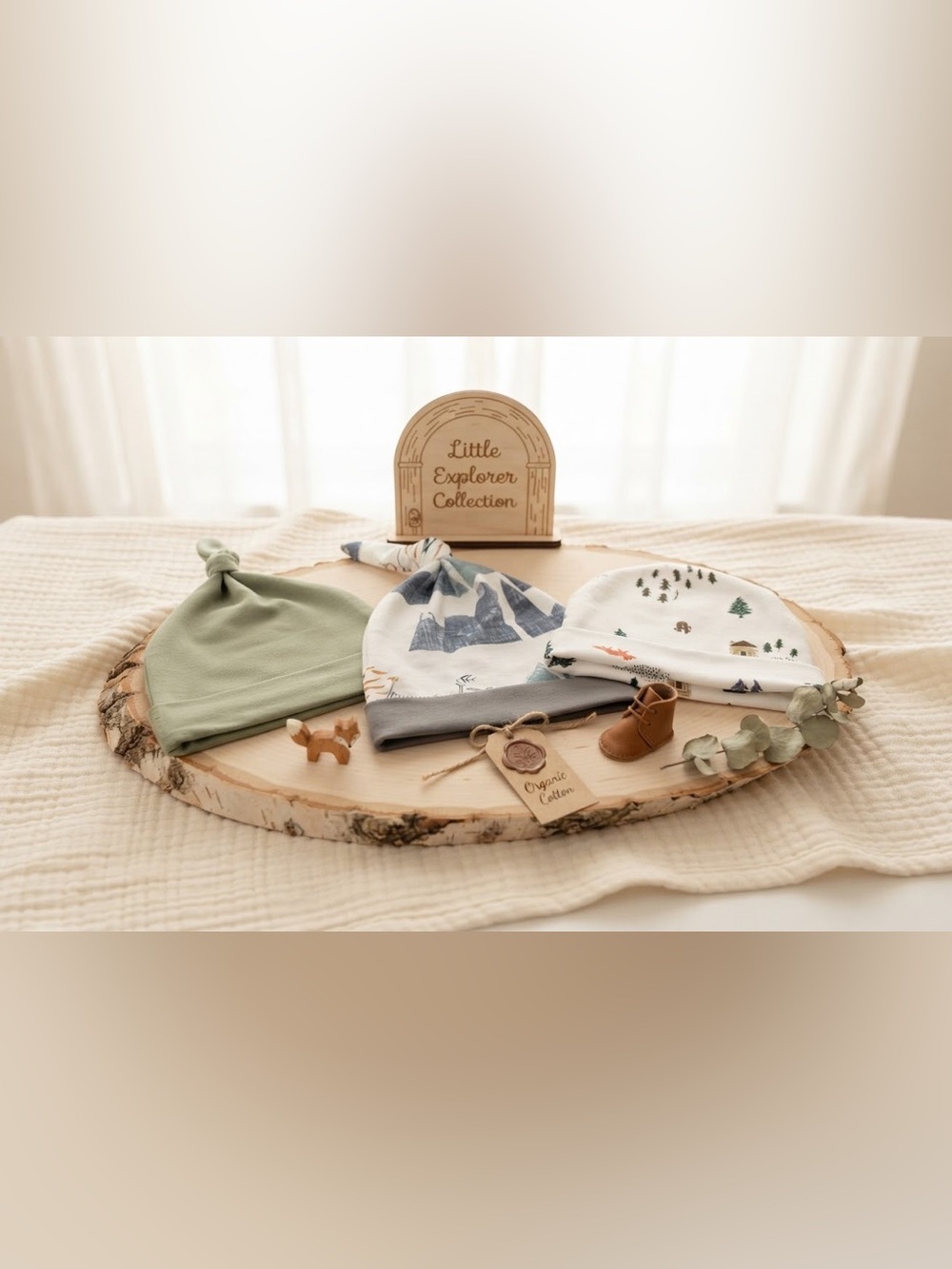 Organic Cotton Little Explorer Newborn Hat Set - Sage, Gray, White
